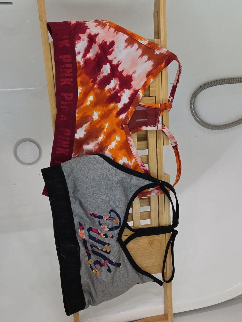 PINK Victoria's Secret Tie-Dye Orange & Burgundy and Gray Logo Bralettes (2)